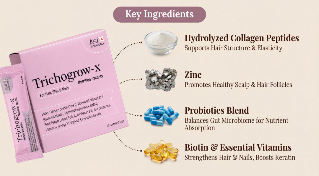 Trichogrow-X supplement package with key ingredients listed on a beige background